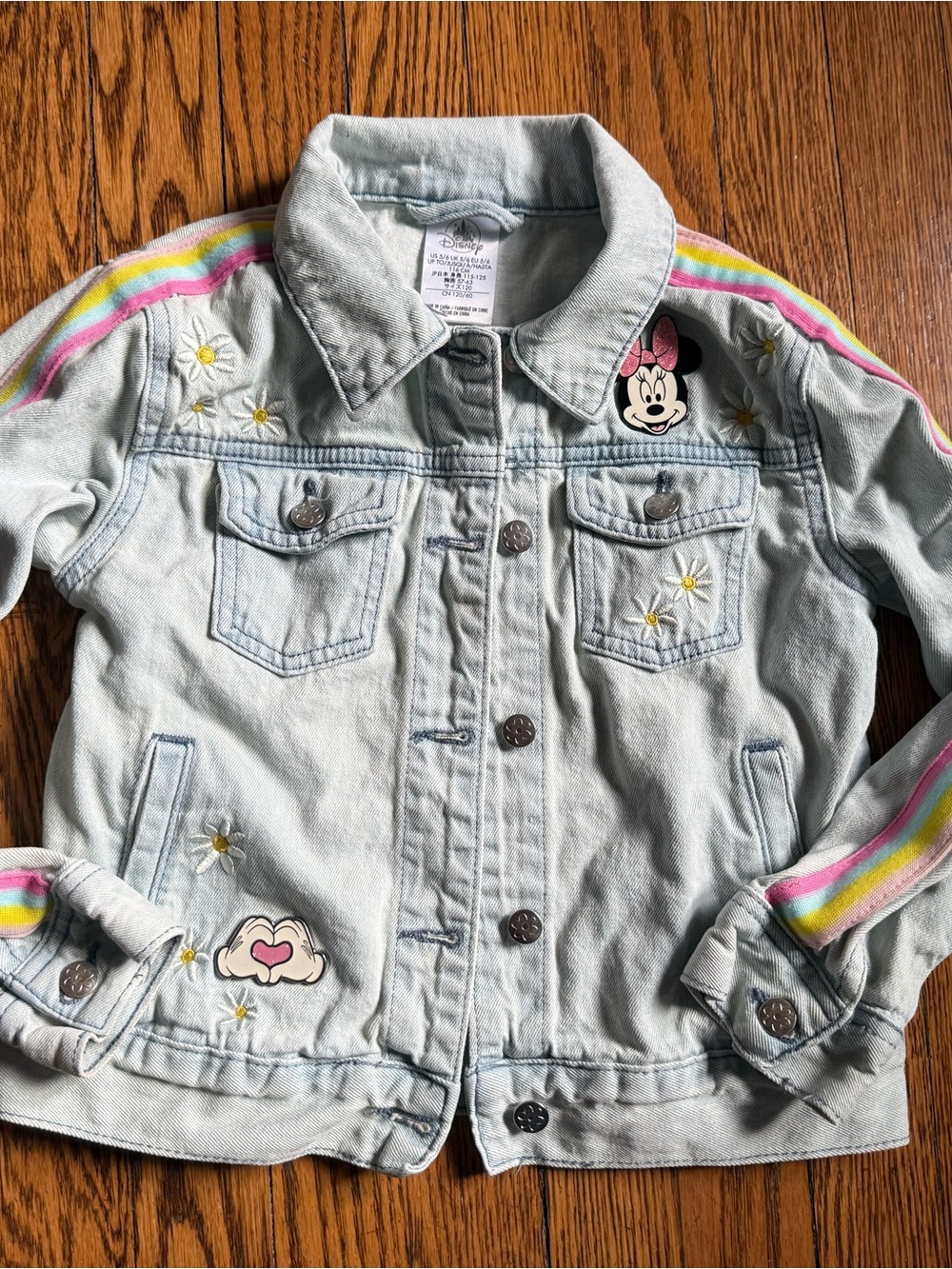 Disney Girls' Light Wash Denim Jacket with Minnie & Rainbow Trim
